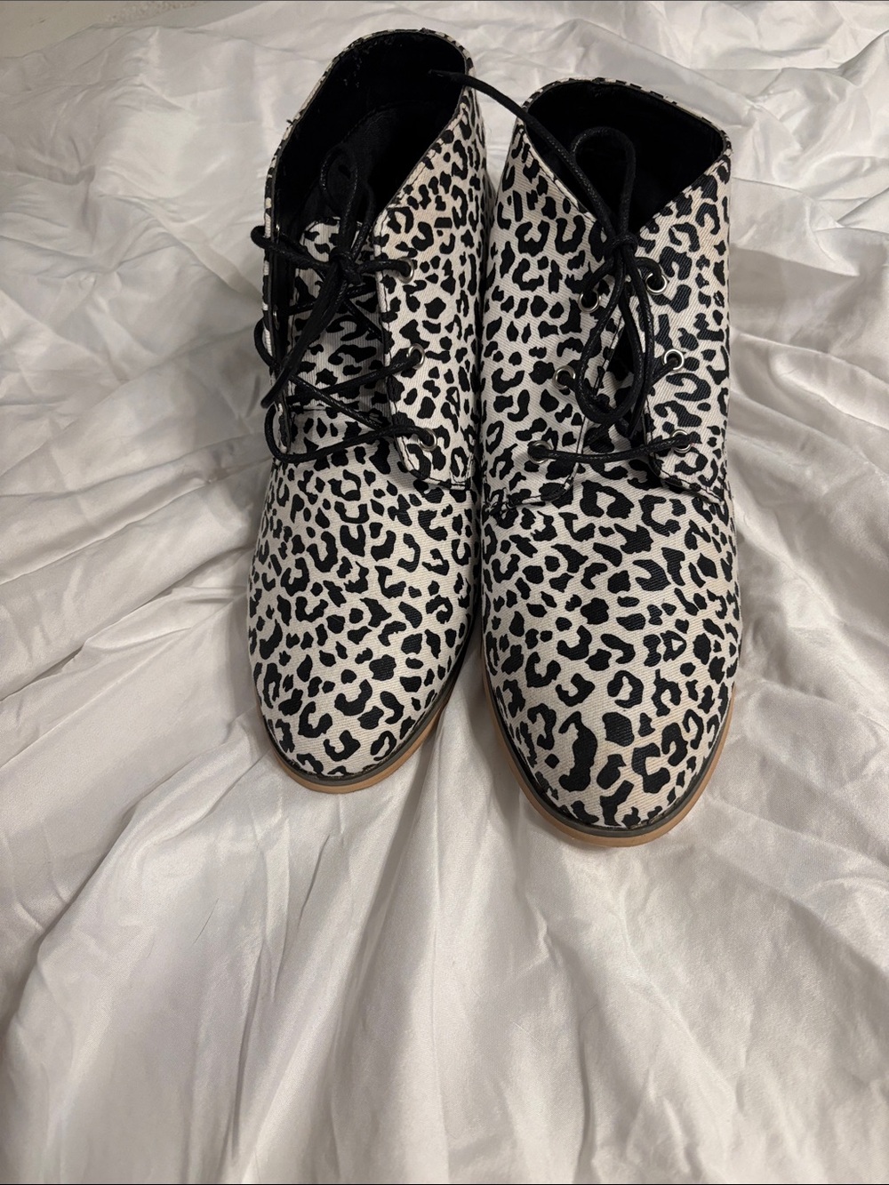 Leopard Print Lace-Up Ankle Boots in Black and White